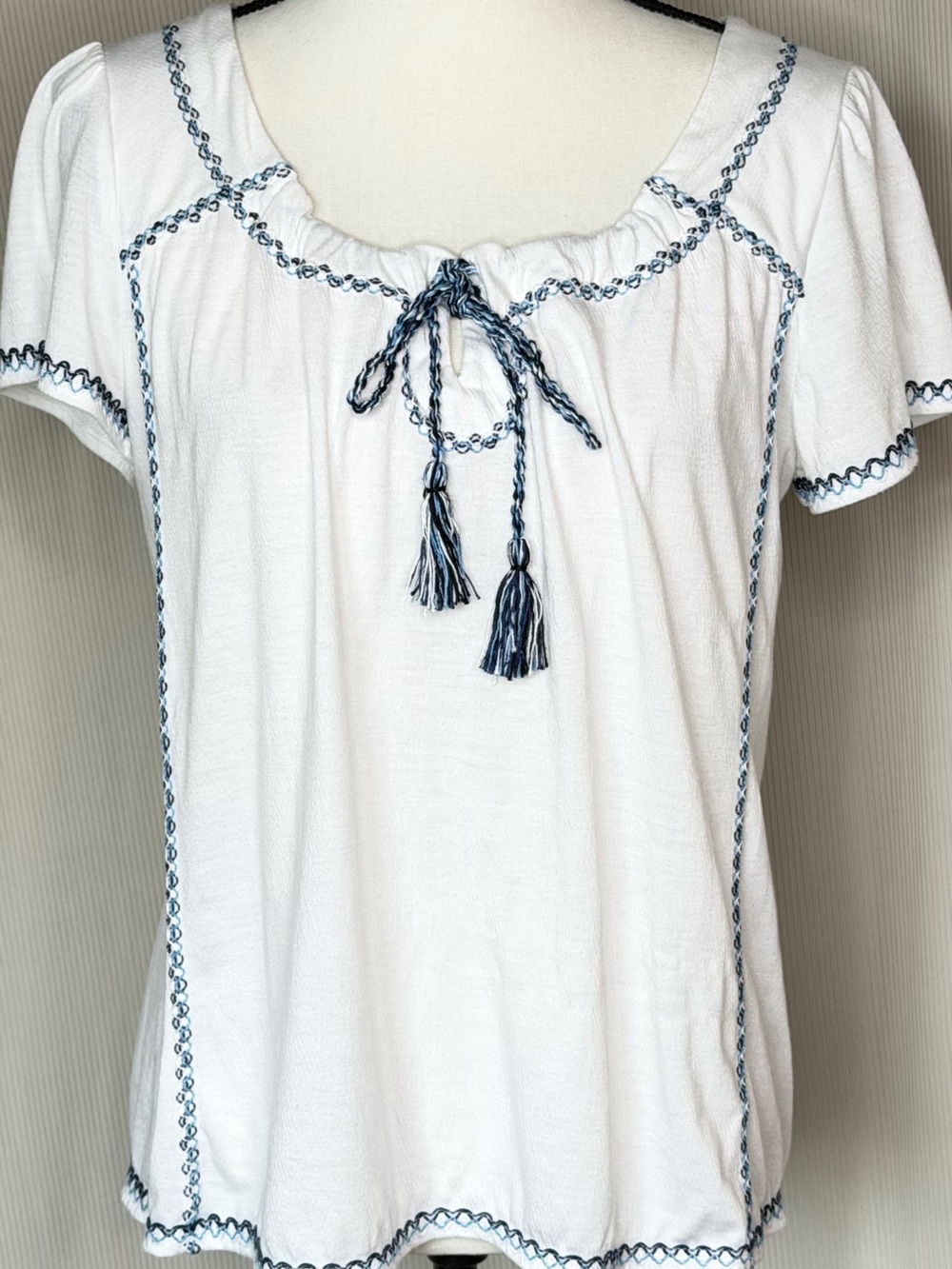 Max Studio WhiteBlue Embroidered Short Sleeve Peasant Style Boho Pullover Blouse